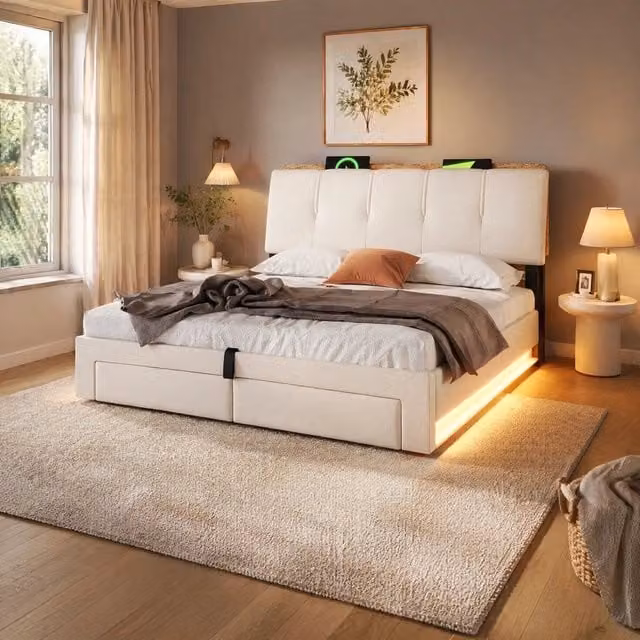 Letto matrimoniale imbottito MODFU con contenitore idraulico, illuminazione LED e porte USB e Type-C, beige in tessuto, L/P: 140 x 200 cm