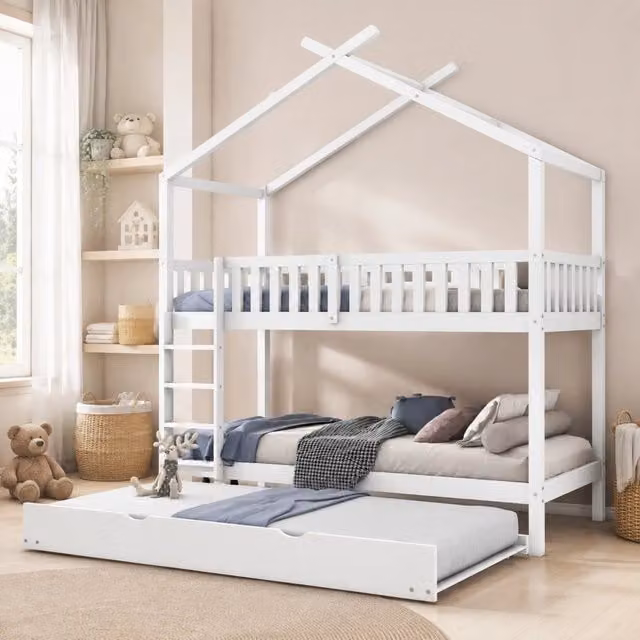 Letto a castello Mivray in legno bianco con struttura a casetta e cassetti L/P/H: 235 x 90 x 205 cm