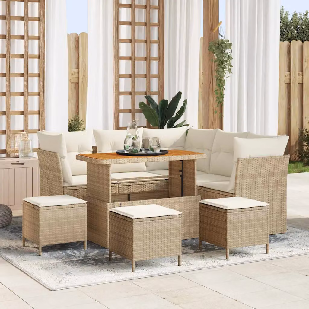 Set Divano da Giardino vidaXL a L con 9 Pezzi, 5 Posti, Beige e Crema con Tavolino e Cuscini – 1