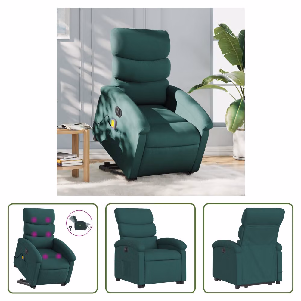 The Living Store Poltrona massaggiante elettrica con ausilio per la posizione eretta Tessuto verde scuro