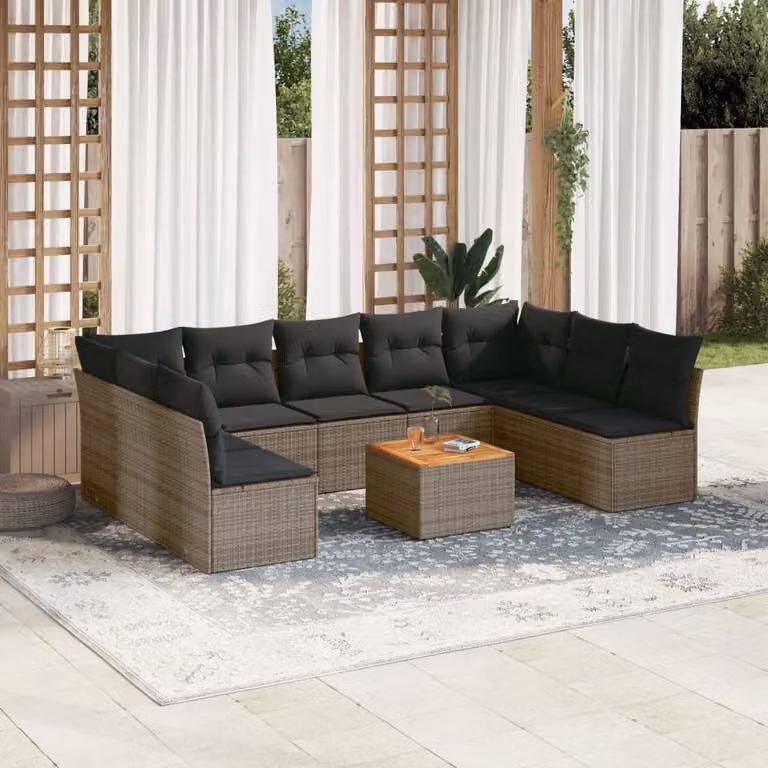 vidaXL Set Divano da Giardino a L 10 pz in Polyrattan Grigio con Cuscini e Tavolino da Esterno