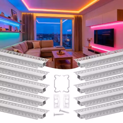 Set di 10 profili per strisce LED VEVOR in alluminio argento con diffusore bianco per incasso in cartongesso, pareti o soffitto, design moderno