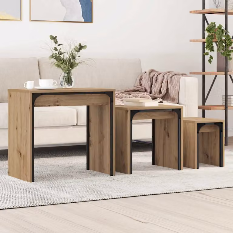 Set di 3 tavolini da salotto moderni vidaXL in rovere e metallo, marrone, L/P/H: 60 x 35 x 56 cm