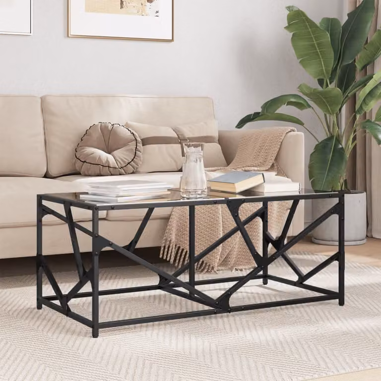 Maison Exclusive - Tavolino da caffè con piano in vetro, nero, 98,5x50x41 cm, struttura in acciaio