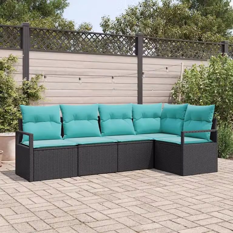 Set di divani da giardino vidaXL a forma di L composto da 5 pezzi in rattan nero con cuscini color turchese e struttura in metallo