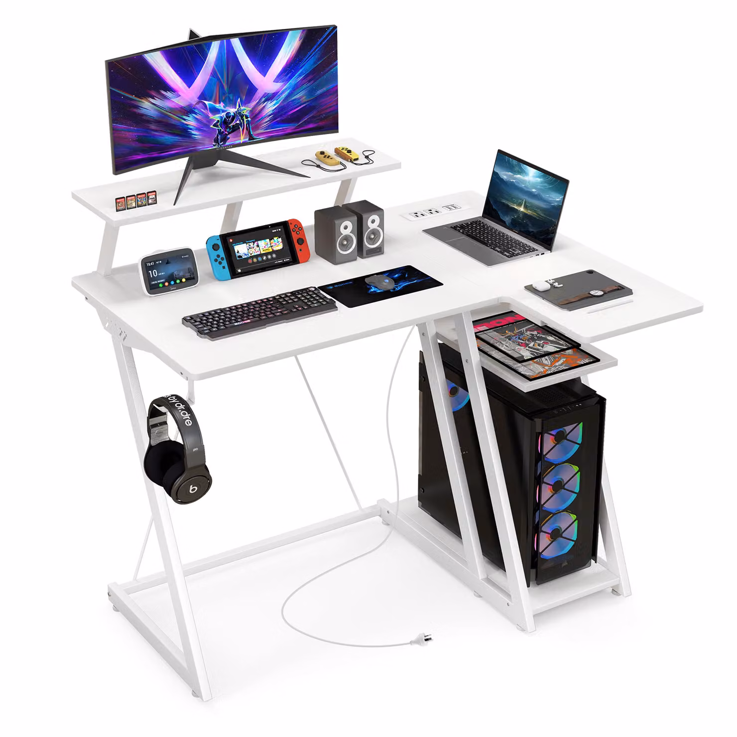Scrivania COSTWAY con prese di corrente, porte USB, ganci per cuffie, supporto per monitor e CPU, piccola scrivania per computer, 107x45x93cm