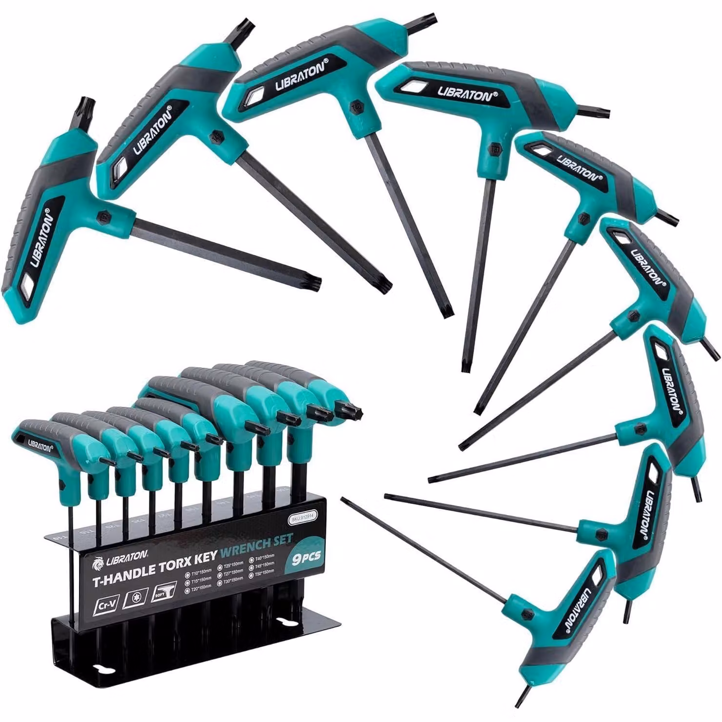 Set di chiavi Torx con manico a T, 9 pezzi, da T10 a T50, in acciaio Cr-V, con supporto per la conservazione