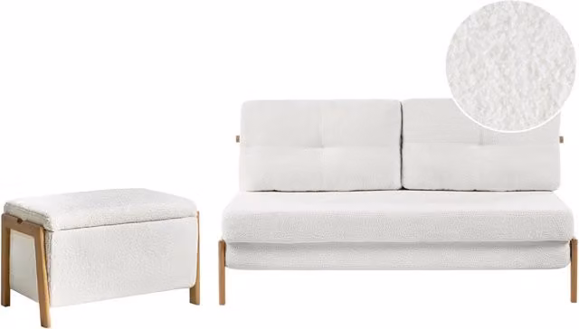 Set divano e panca Bouclé bianco imbottito Gambe in ferro Funzione letto Contenitore aggiuntivo Stile moderno