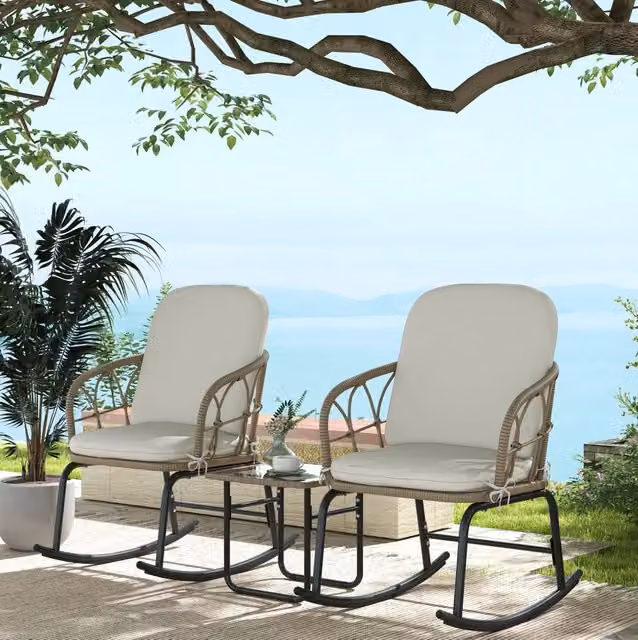 Set da giardino ULEVR 3 pezzi con 2 sedie a dondolo in rattan PE e tavolino con vetro temperato, giallo