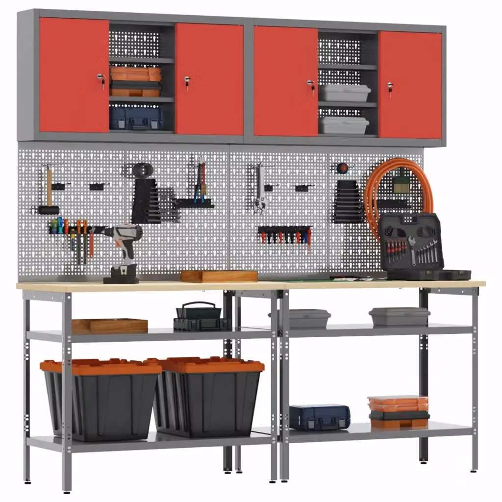 Set banco da lavoro vidaXL 8 pz in acciaio con pannello forato e altezza regolabile, Rosso e Grigio – 2