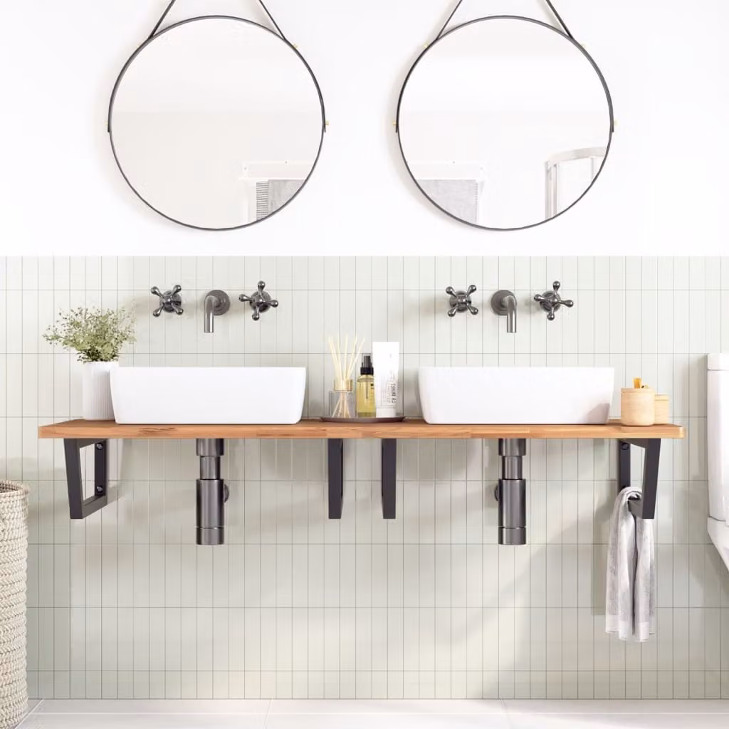 Ripiano a Parete per Lavabo in Acciaio e Massello di Faggio