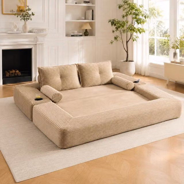 Divano letto modulare in velluto a coste verde e beige con tasche portabicchieri e imbottitura mista, dimensioni 140x200 cm
