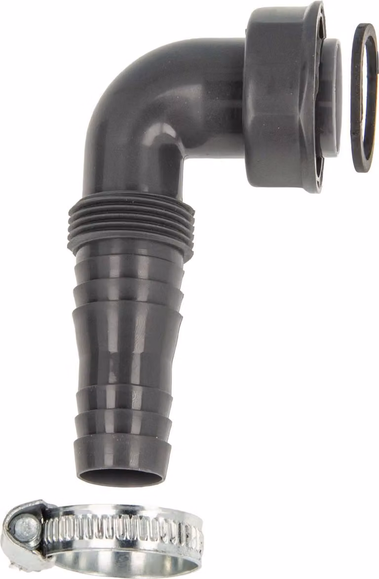 Raccordo a 90° per collegamento di apparecchi, filettatura da 1 pollice (filetto esterno) x raccordo da 19-23 mm o 3/4 di pollice (filetto interno), extra lungo, per sifoni di scarico, realizzato con materiale riciclato