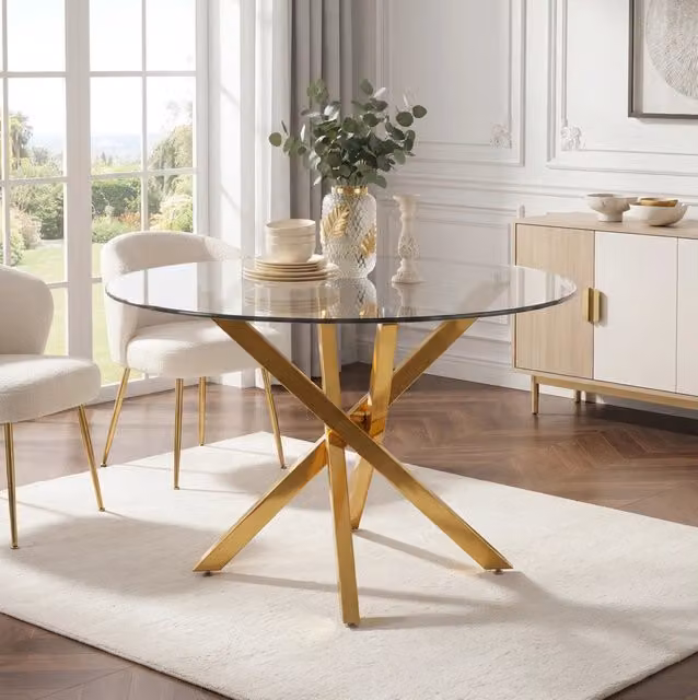 Tavolo da pranzo rotondo MODFU in vetro temperato trasparente con gambe in metallo dorate, design moderno, Diametro: 80 cm – 1