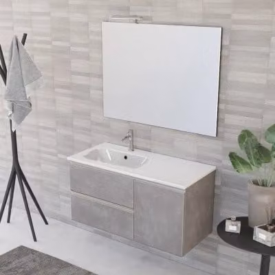 Mobile bagno sospeso INBAGNO Master grigio cemento con lavabo a sinistra, cassetti, anta e specchio con illuminazione LED