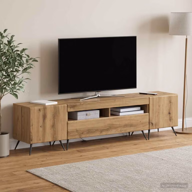 Mobile TV Stand vidaXL BREDA in Rovere Artigianale Marrone con Illuminazione Integrata e Compartimenti Media per Soggiorno