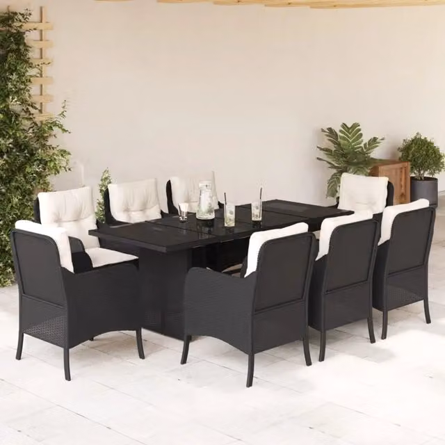 Set da pranzo da giardino vidaXL in polyrattan nero con cuscini e piano in vetro, 9 pezzi