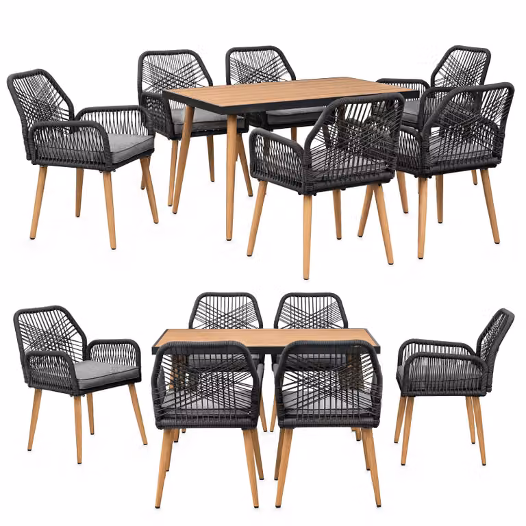 Gruppo da giardino con tavolo e 6 sedie - resistente alle intemperie - rete in corda - tavolo da pranzo in WPC - cuscini di seduta - gruppo da pranzo per esterni - antracite/legno