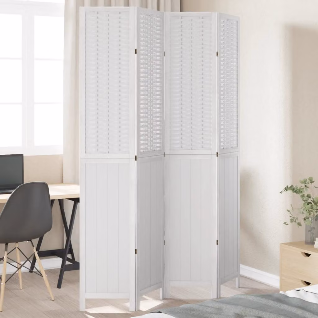 Divisorio Ambienti vidaXL a 4 Pannelli in Legno di Paulownia Bianco con Design Geometrico e Finitura Opaca, H: 145 cm, L: 220 cm