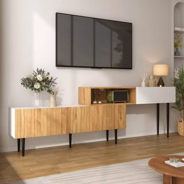 Mobile TV moderno modulare 2 pezzi, lunghezza regolabile, finitura legno e bianco opaco, gambe in metallo nero, per soggiorno