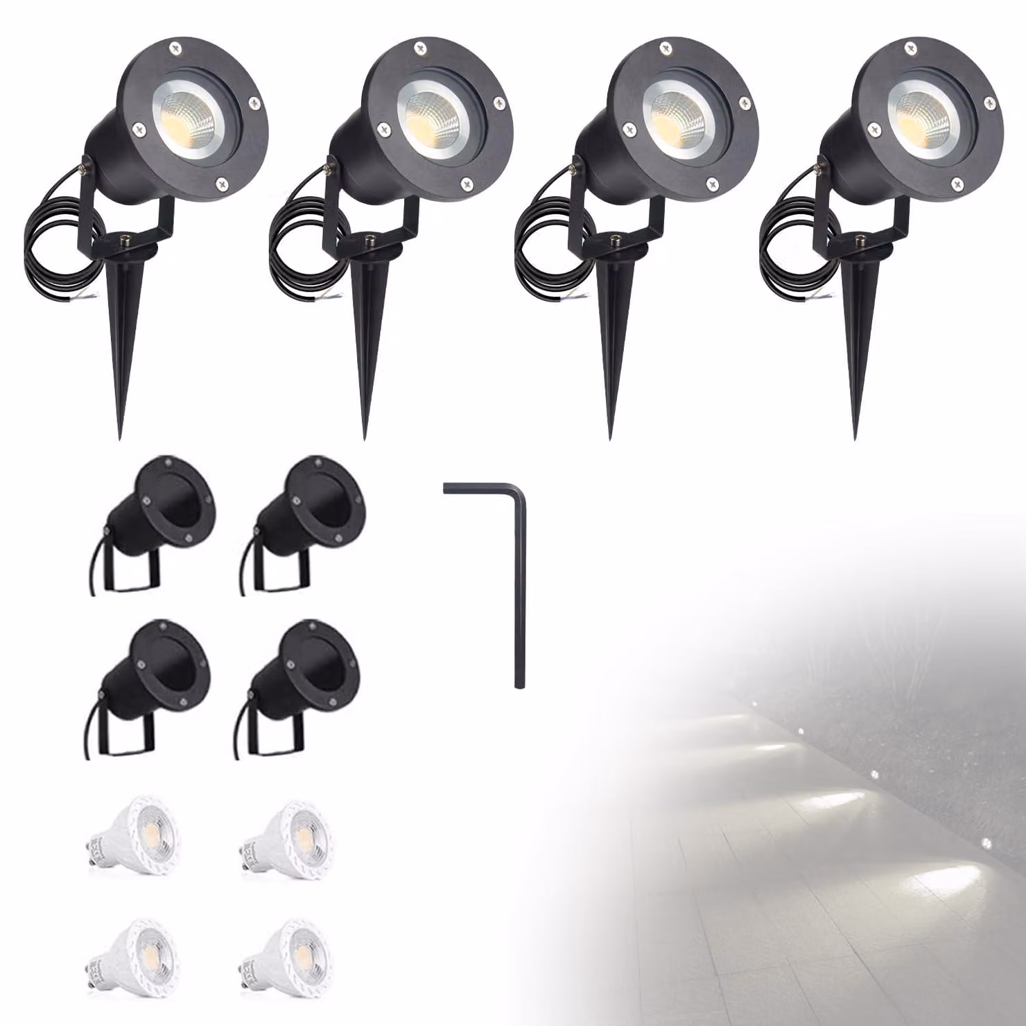 Set di 4 faretti da giardino, con lampadine LED da 5W, attacco GU10, grado di protezione IP65, cavo da 150 cm, luce naturale