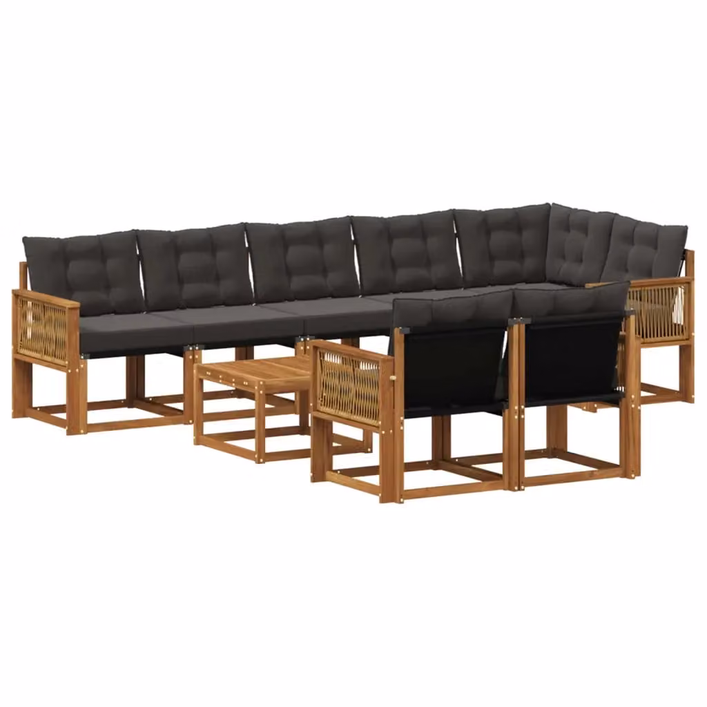 Set di divani da esterno a L vidaXL in legno di acacia con tavolino da caffè e cuscini, marrone e nero – 2
