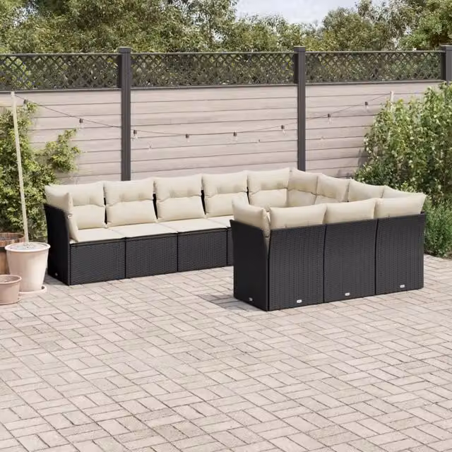 Set Divani da Giardino 10pz con Cuscini in Polyrattan Nero 3250055