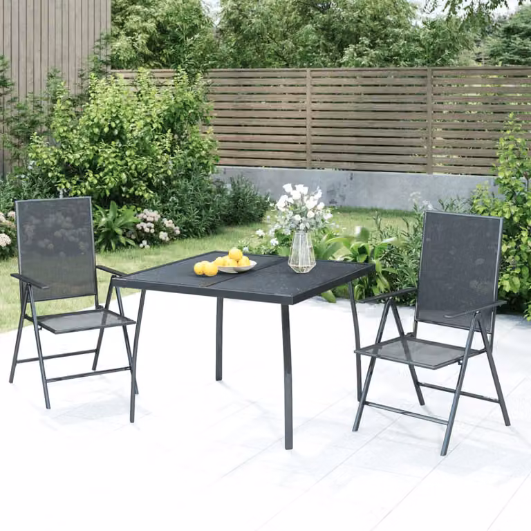Set da Pranzo da Giardino vidaXL in Acciaio Antracite Opaco, 3 Pezzi con Tavolo Quadrato Pieghevole