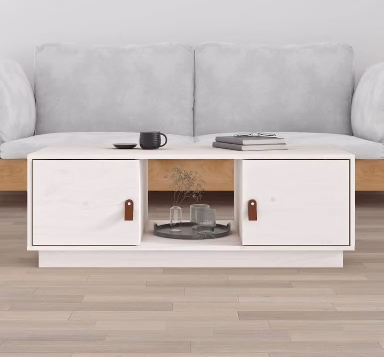 The Living Store Tavolino bianco 100x50x35 cm in legno di pino massiccio