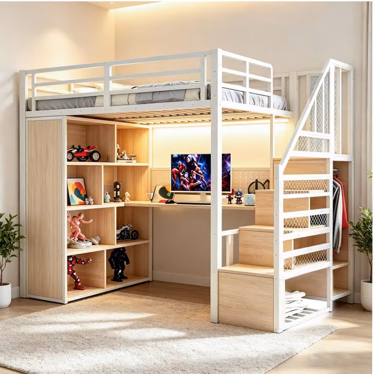 Letto a soppalco 90 x 200 cm con armadio, scala con spazio contenitore, scrivania con presa di corrente, pannello forato e illuminazione a LED, metallo, bianco