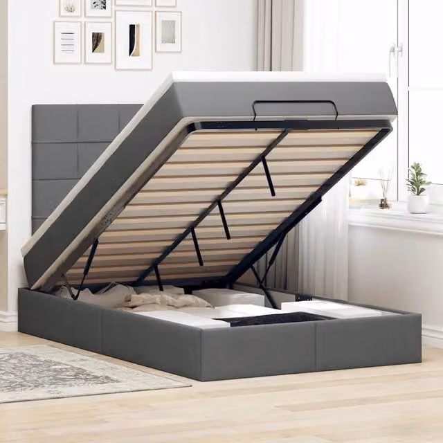 Letto con contenitore a sollevamento vidaXL in tessuto grigio e bianco con materasso L/P: 120 x 200 cm – 1