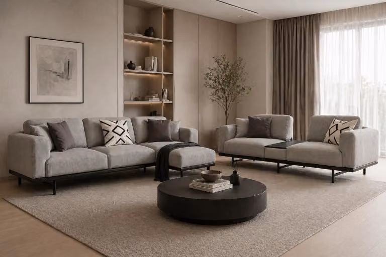 Divano angolare imbottito, divano a 3 posti, colore grigio, tessuto morbido, design moderno