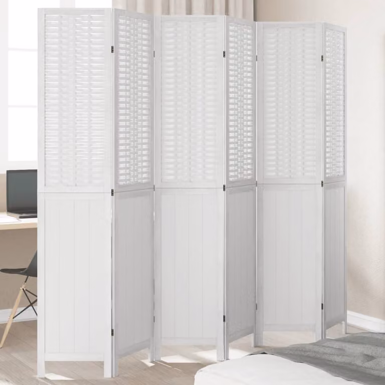 Divisorio Ambienti vidaXL con 6 Pannelli in Legno di Paulownia e Rattan Bianco, Altezza: 215 cm, Altezza: 210 cm