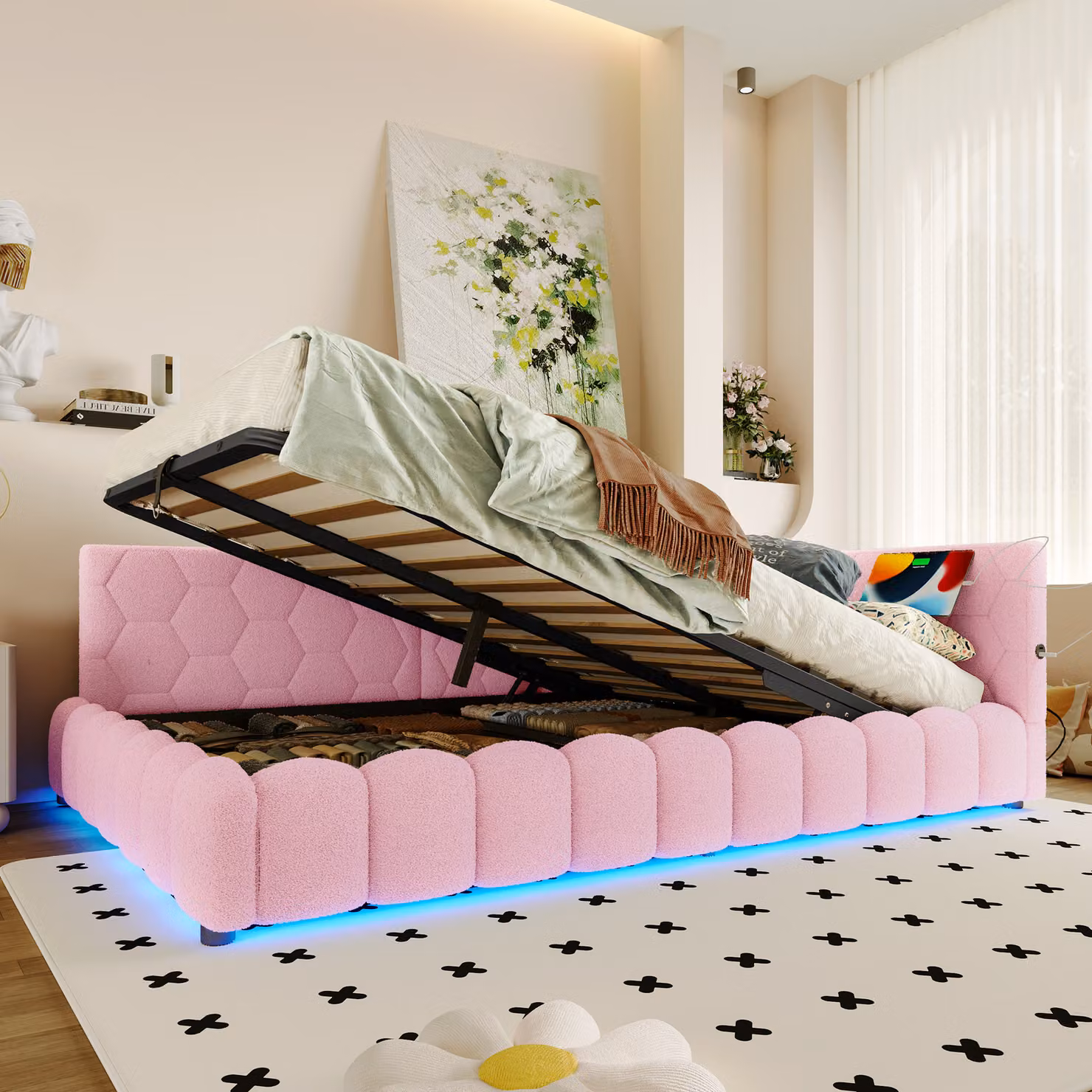 Letto singolo okwish 140x200, letto per bambini con striscia LED e spazio contenitore con sistema idraulico, divano letto con porta USB e connettore di tipo C, struttura del letto con rete a doghe, senza materasso, colore rosa