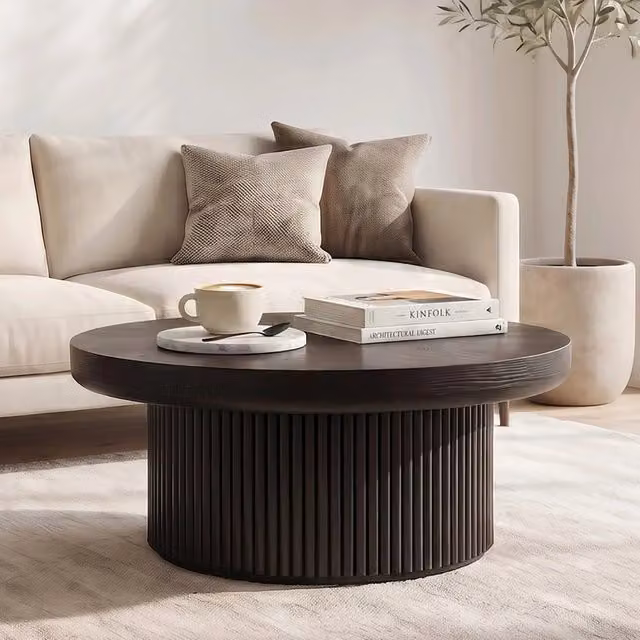 Tavolino basso fisso rotondo con piano spesso 8 cm; motivo parquet e base cilindrica scanalata nero