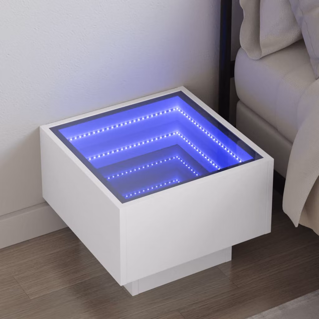 Comodino moderno vidaXL Infinity con illuminazione LED integrata, Bianco lucido, L 40 cm x P 40 cm x H 30 cm