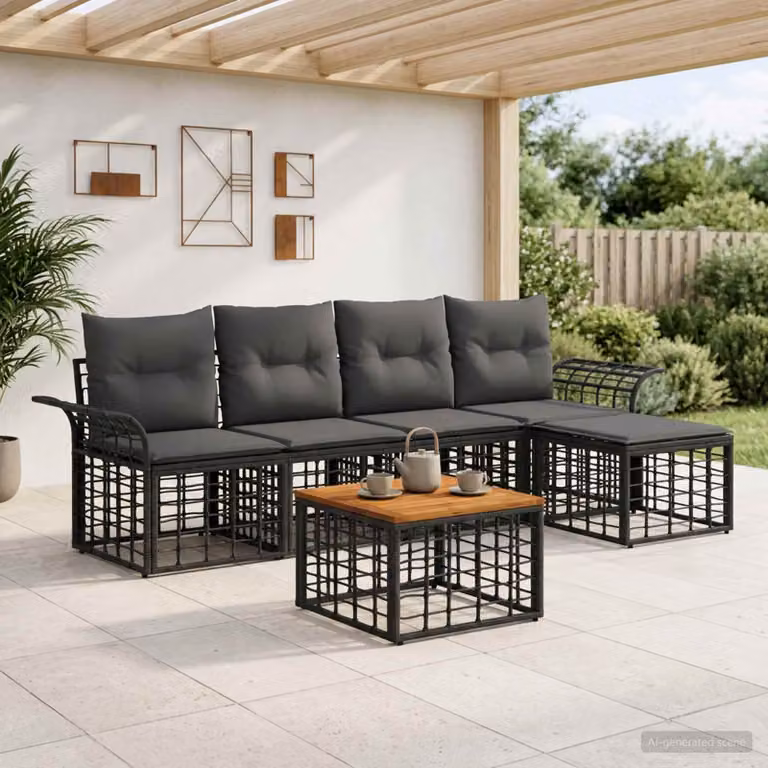 Set di divani da esterno vidaXL a forma di L composto da 6 pezzi con tavolino, pouf e cuscini, colore nero e grigio, in poliestere resistente ai raggi UV e struttura in acciaio verniciato a polvere
