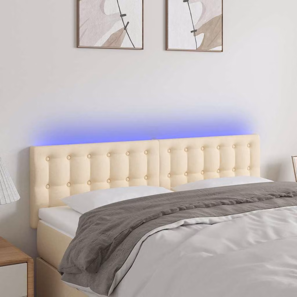 Testiera per letto vidaXL in tessuto beige con illuminazione LED e porta di ricarica USB, L 144 x P 5 x H 78/88 cm
