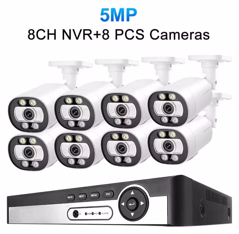 Sistema di telecamere di sicurezza a 8 canali, con telecamere IP da 5MP, dotate di riconoscimento facciale tramite intelligenza artificiale e visione notturna
