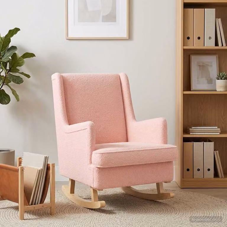 Sedia a dondolo vidaXL in tessuto bouclé rosa con braccioli, L: 62 cm, P: 80 cm, H: 85 cm