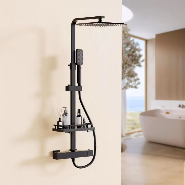 Sistema doccia con termostato, soffione rotondo da 250 mm, regolabile in altezza, colore nero