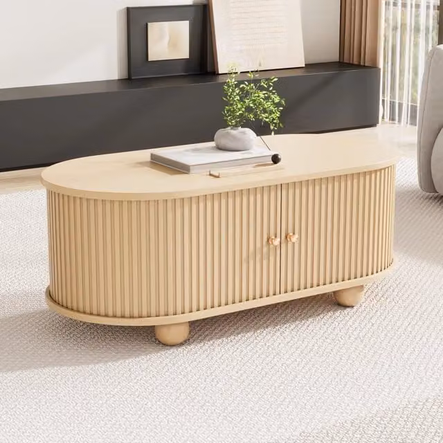 Tavolino basso ovale con ante scorrevoli e vano contenitore in MDF finitura legno per soggiorno 100 × 50 × 40 cm
