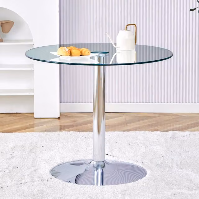 Tavolo alto rotondo con piano in vetro trasparente e base in metallo argento diametro 85 cm altezza 76 cm