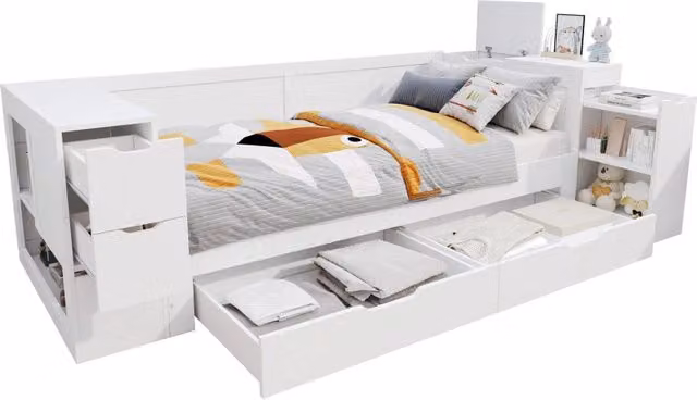 Letto a Divanetto Singolo con Cassetti e Contenitore in MDF Bianco L/P/H: 90 x 200 cm – 1