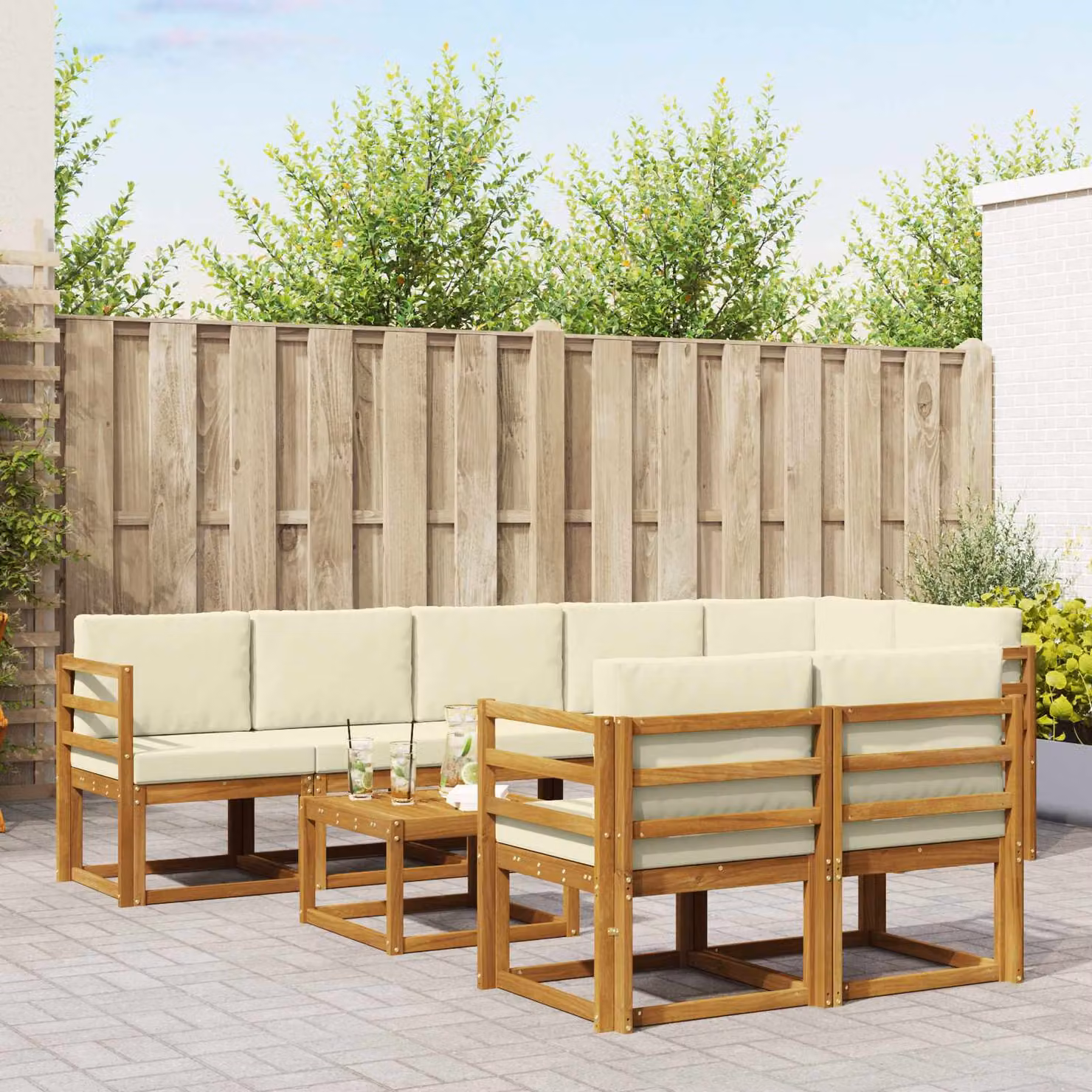 vidaXL Set di divani da esterno 9 pz in legno di acacia con tavolo da caffè e cuscini, L-shape, Beige e Marrone
