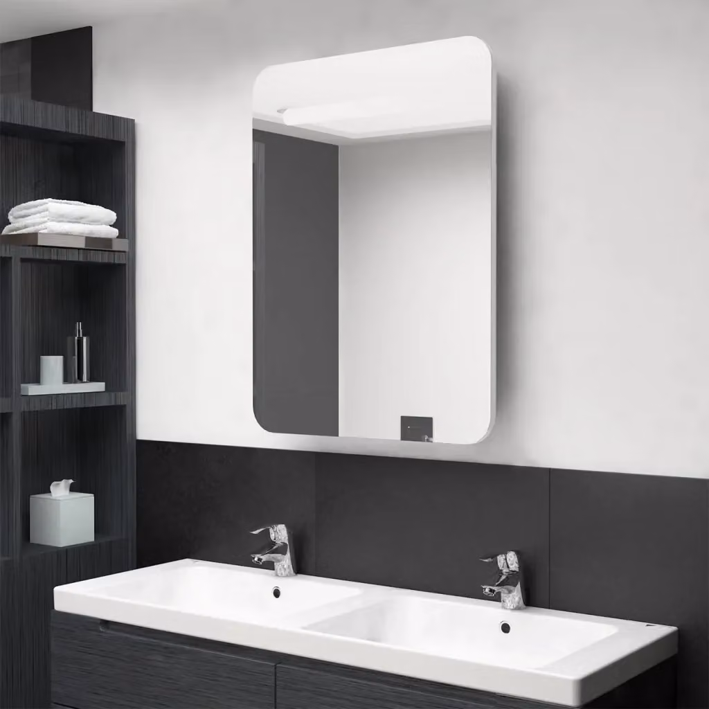 Armadietto da bagno moderno con specchio e illuminazione LED bianco lucido L: 60 cm, P: 11 cm, H: 80 cm – 2