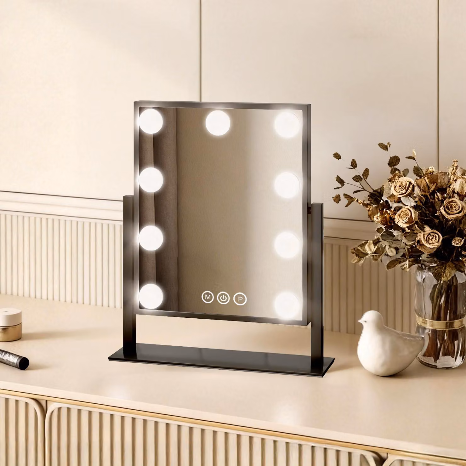 EMKE Hollywood specchio per il trucco 85x304x360 mm con specchio d'ingrandimento 7x, nero Specchio per il trucco con touchscreen intelligente e 3 colori di luce, 9 luci LED dimmer, ruotabile a 360° e funzione memoria