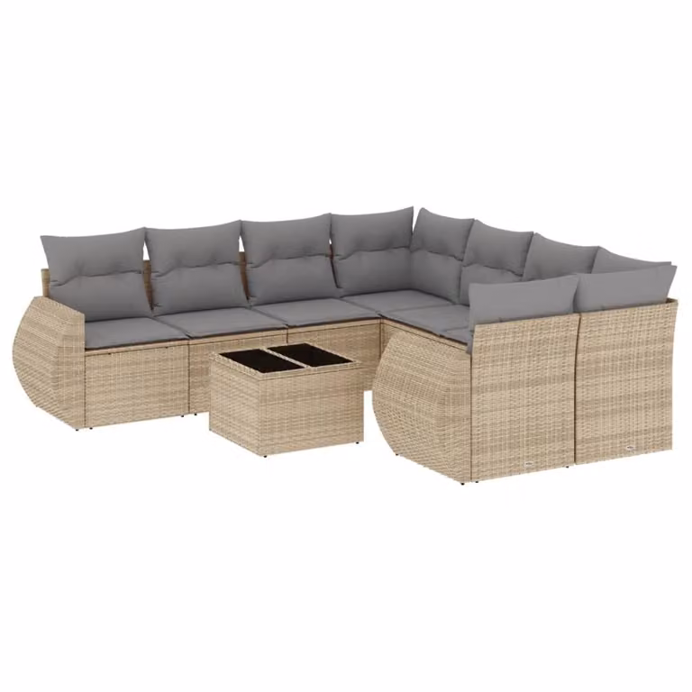 Set Divano da Giardino 9 pz con Cuscini Beige in Polyrattan