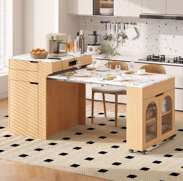 Isola cucina ULEVR 80x56,2x93 cm estensibile con ruote, prese integrate, 2 cassetti e ante in vetro, naturale