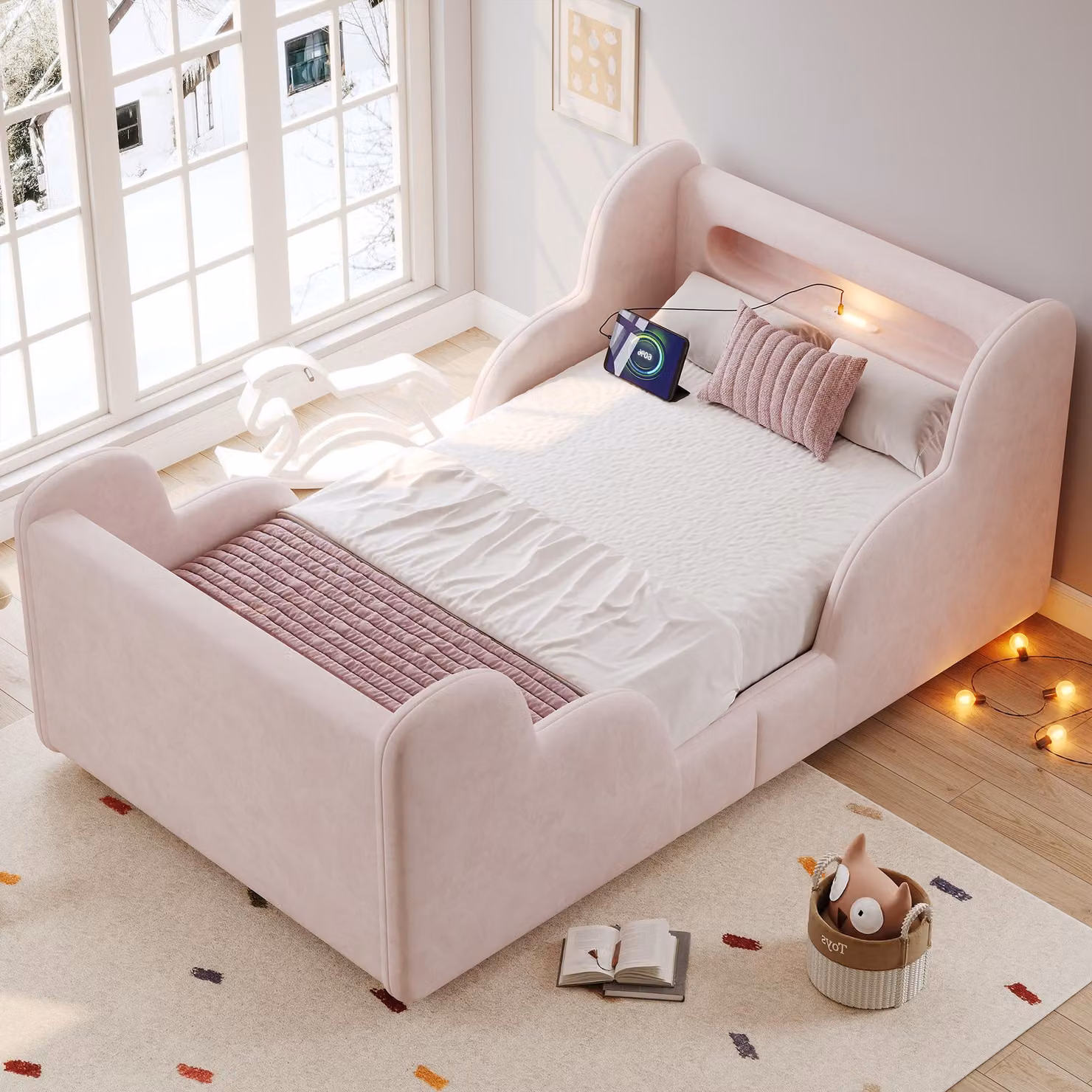 Letto per bambini imbottito Merax 90x200 cm con spondine di protezione, luce notturna, letto singolo con porte USB e Type-C, vani portaoggetti, rivestimento in velluto, letto Montessori, rosa